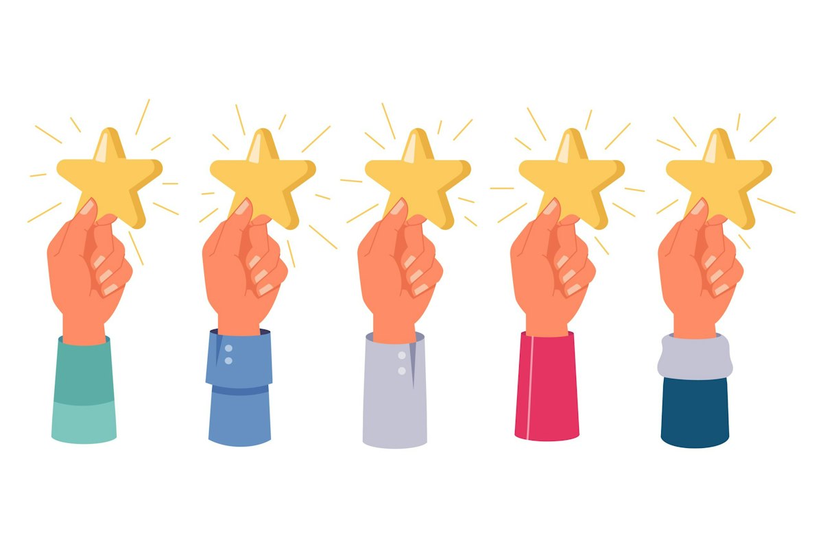 Illustration of five hands each holding a gold star, representing five star patient reviews