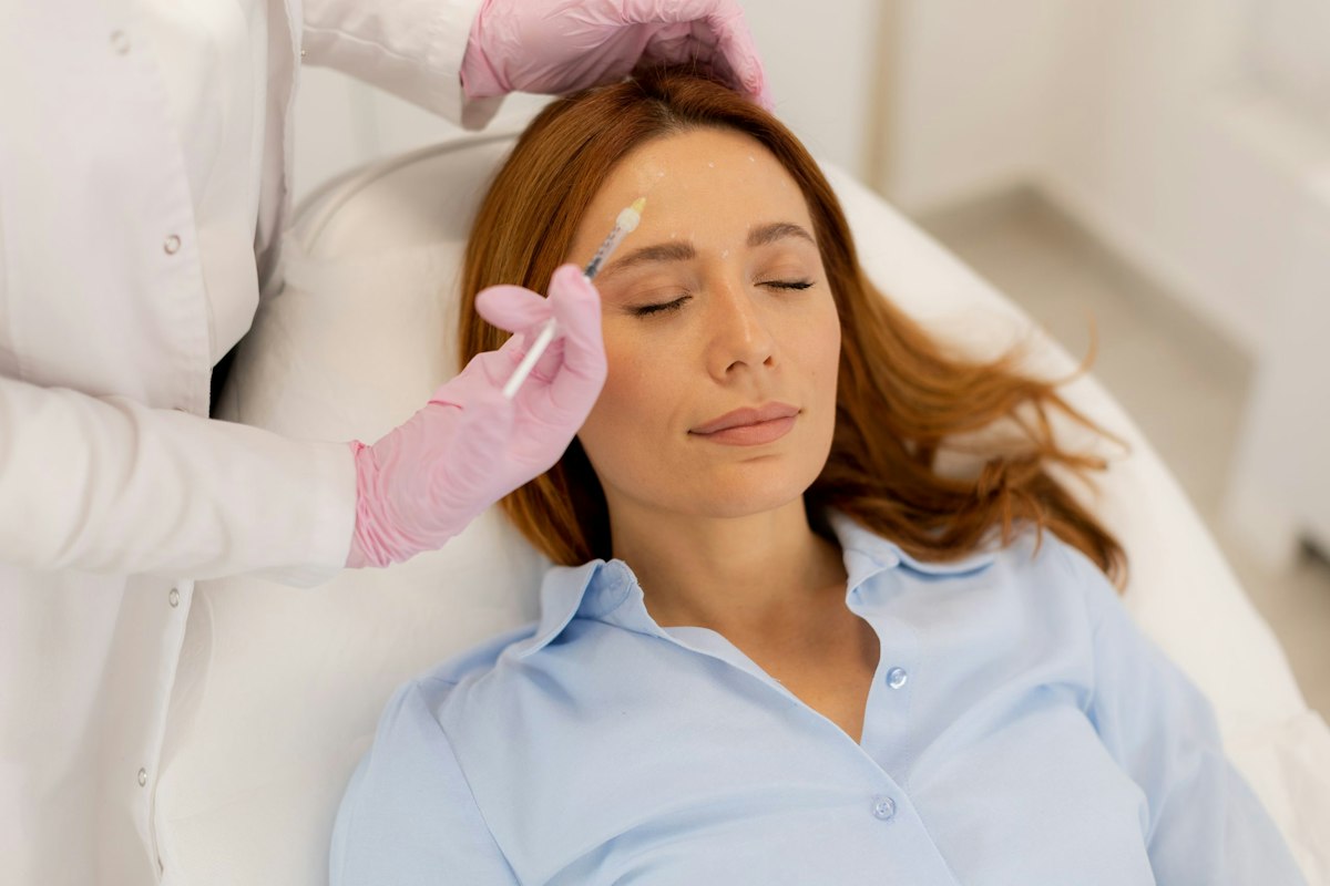 A Geneva injector administering a precise Botox injection to the forehead during a professional aesthetic treatment.