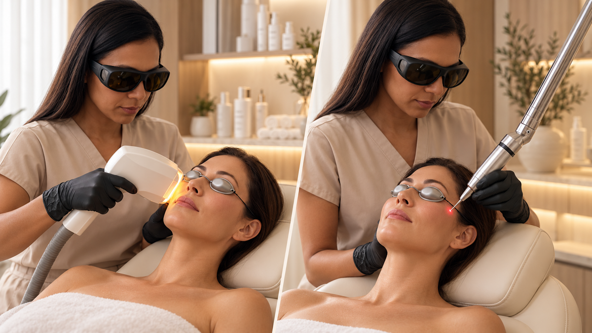 IPL vs laser skin treatments at an upscale med spa, showing broad-spectrum IPL light compared with a precise laser treatment
