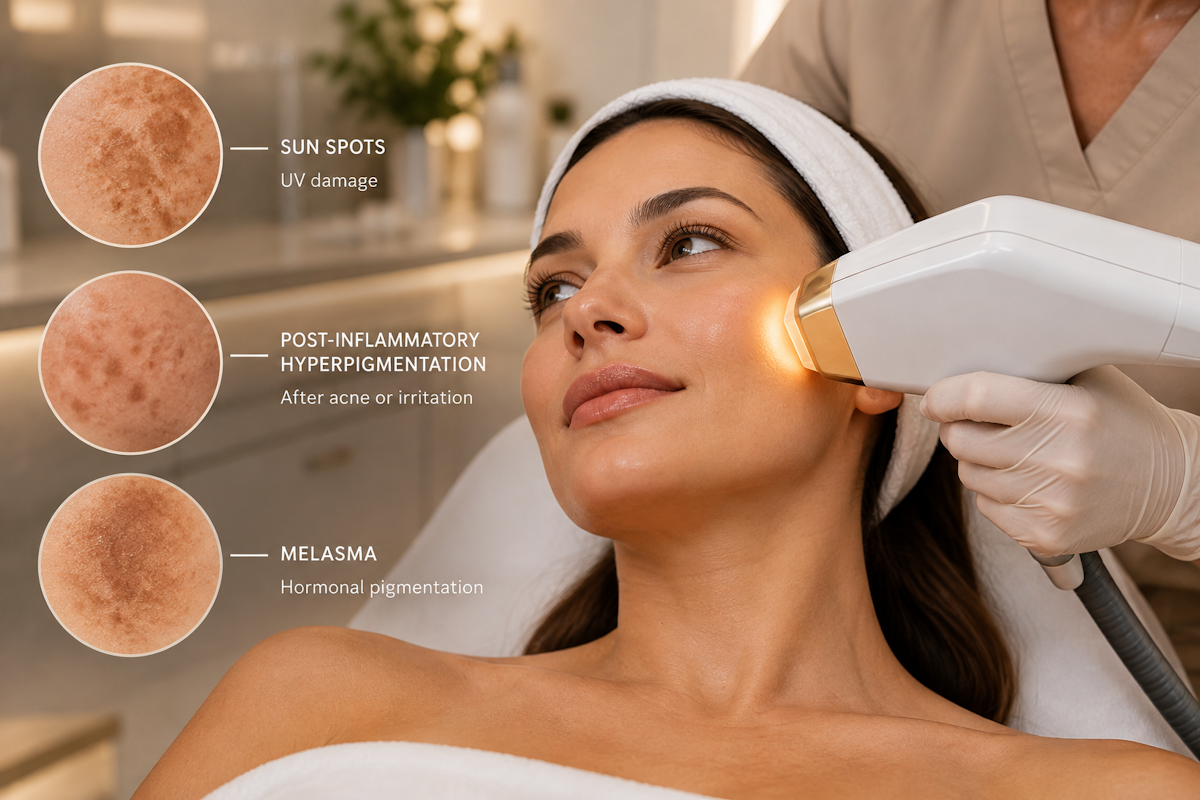 Laser treatment for hyperpigmentation showing sun spots, post-inflammatory dark spots, and melasma at an upscale med spa
