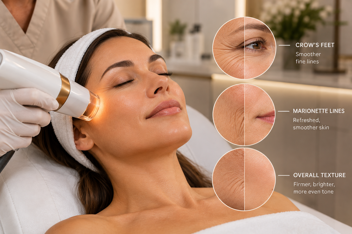 Laser treatment for wrinkles and fine lines showing smoother skin texture and facial rejuvenation at a medical spa