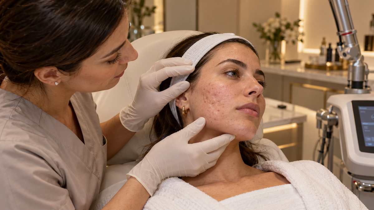 Skin consultation for CO2 laser acne scar treatment showing depressed acne scarring on the cheek at a medical spa