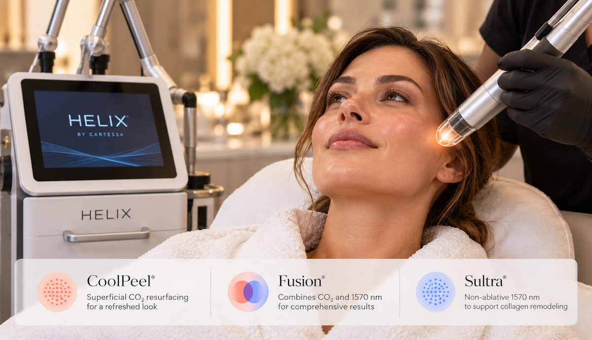 HELIX laser skin resurfacing treatment showing CoolPeel, Fusion, and Sultra options at a medical spa