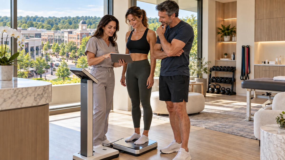 Medical weight loss consultation in Alpharetta showing body composition monitoring to help preserve muscle during GLP-1 treatment
