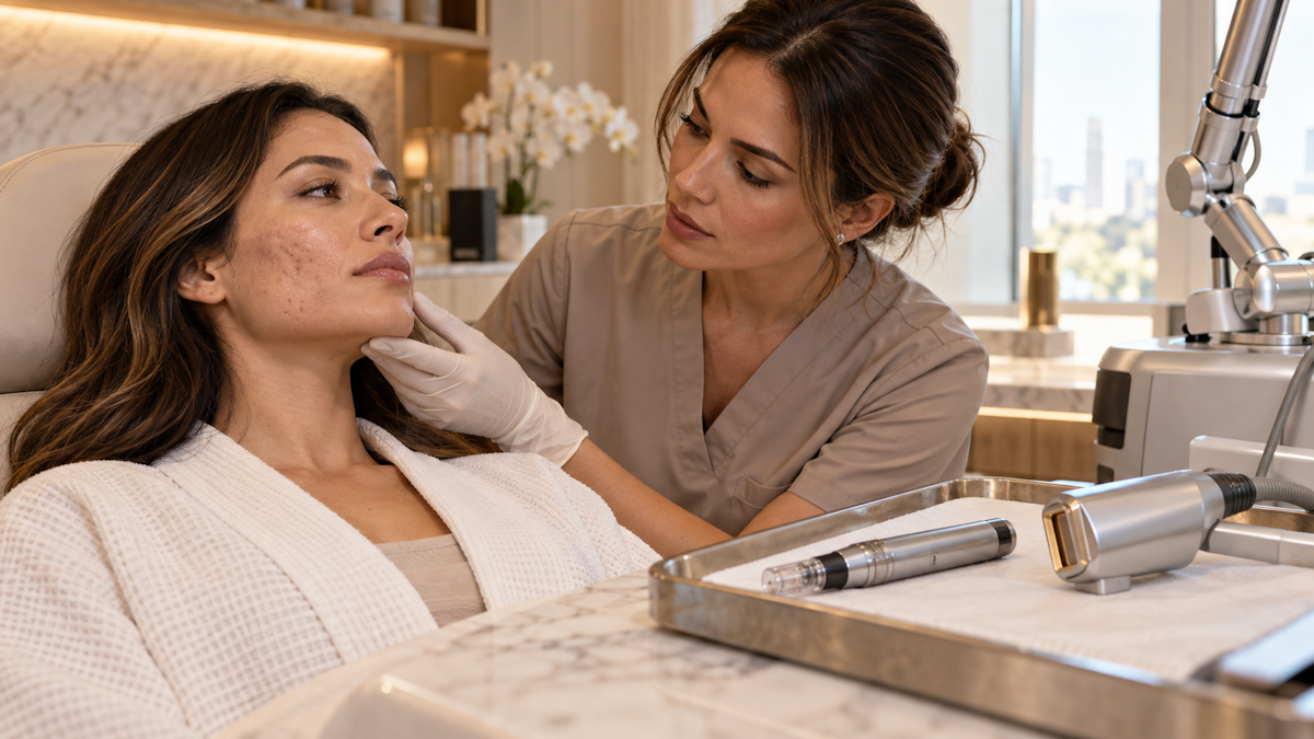 Alt text: Acne scar consultation comparing CO2 laser and microneedling treatment options for depressed facial acne scars