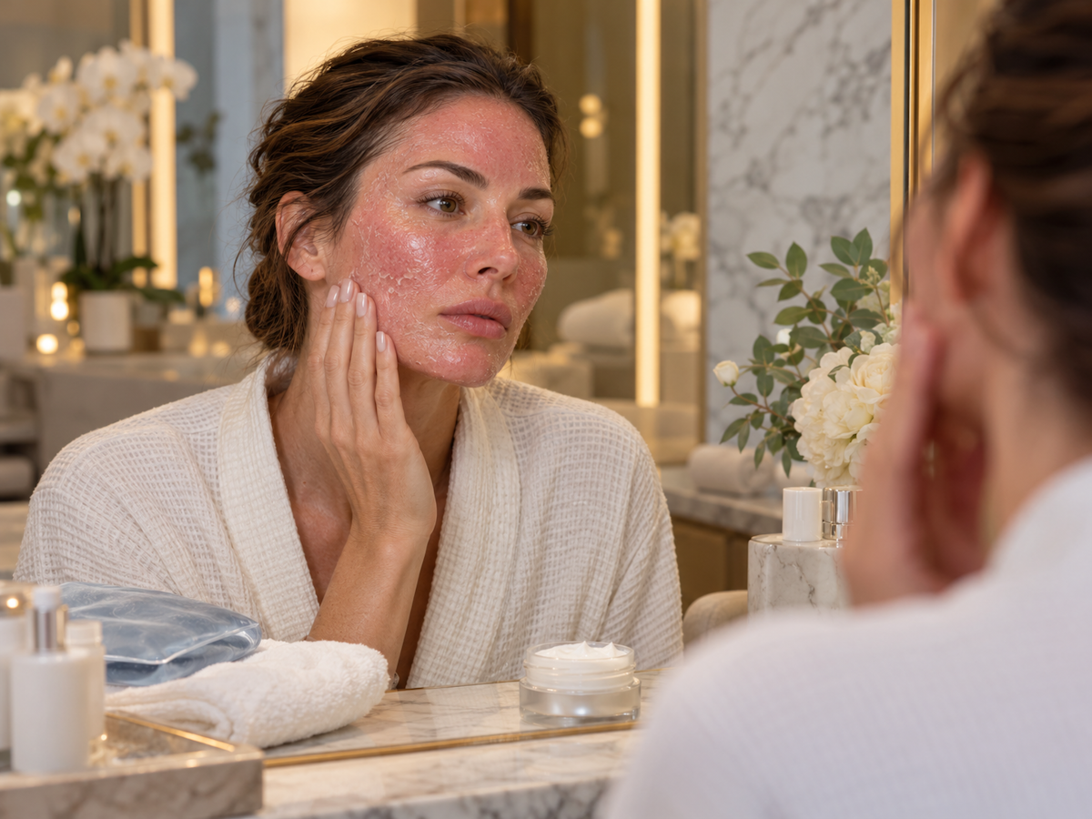 CO2 laser recovery showing expected redness, peeling, and skin sensitivity after facial resurfacing treatment