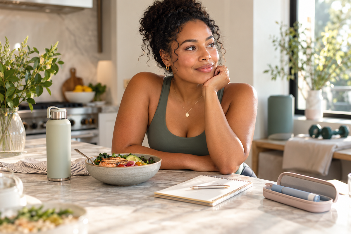 Woman with PCOS and insulin resistance following a healthy lifestyle while using GLP-1 medication for weight management and metabolic health