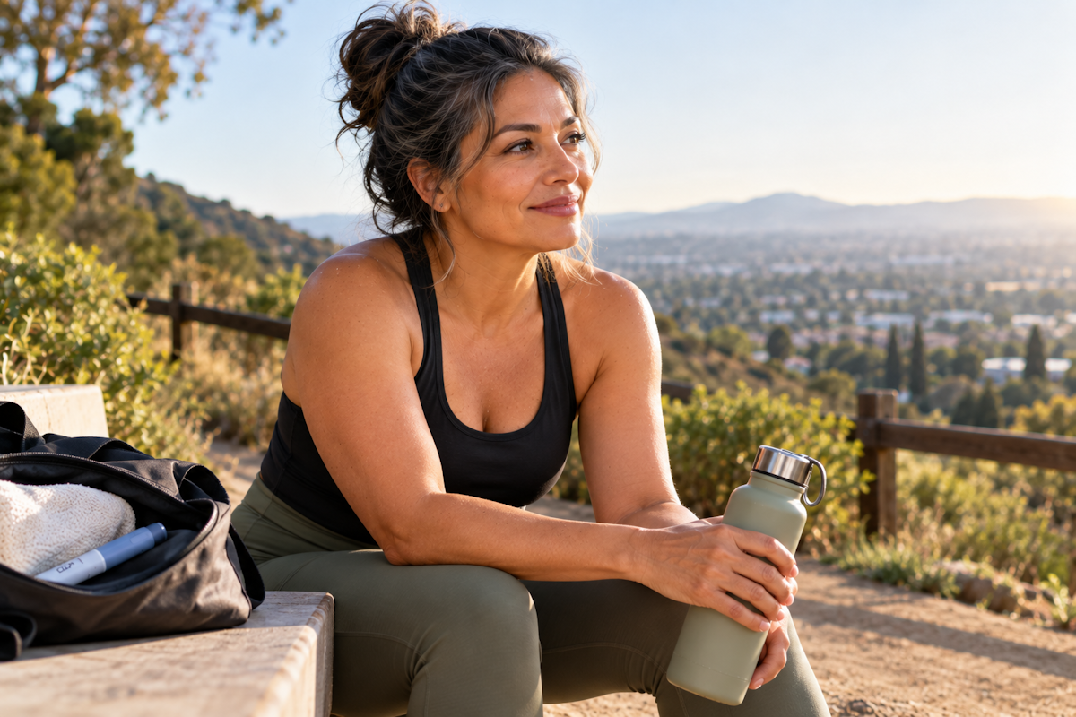 Midlife woman using GLP-1 medication as part of a menopause weight loss plan focused on strength, activity, and metabolic health