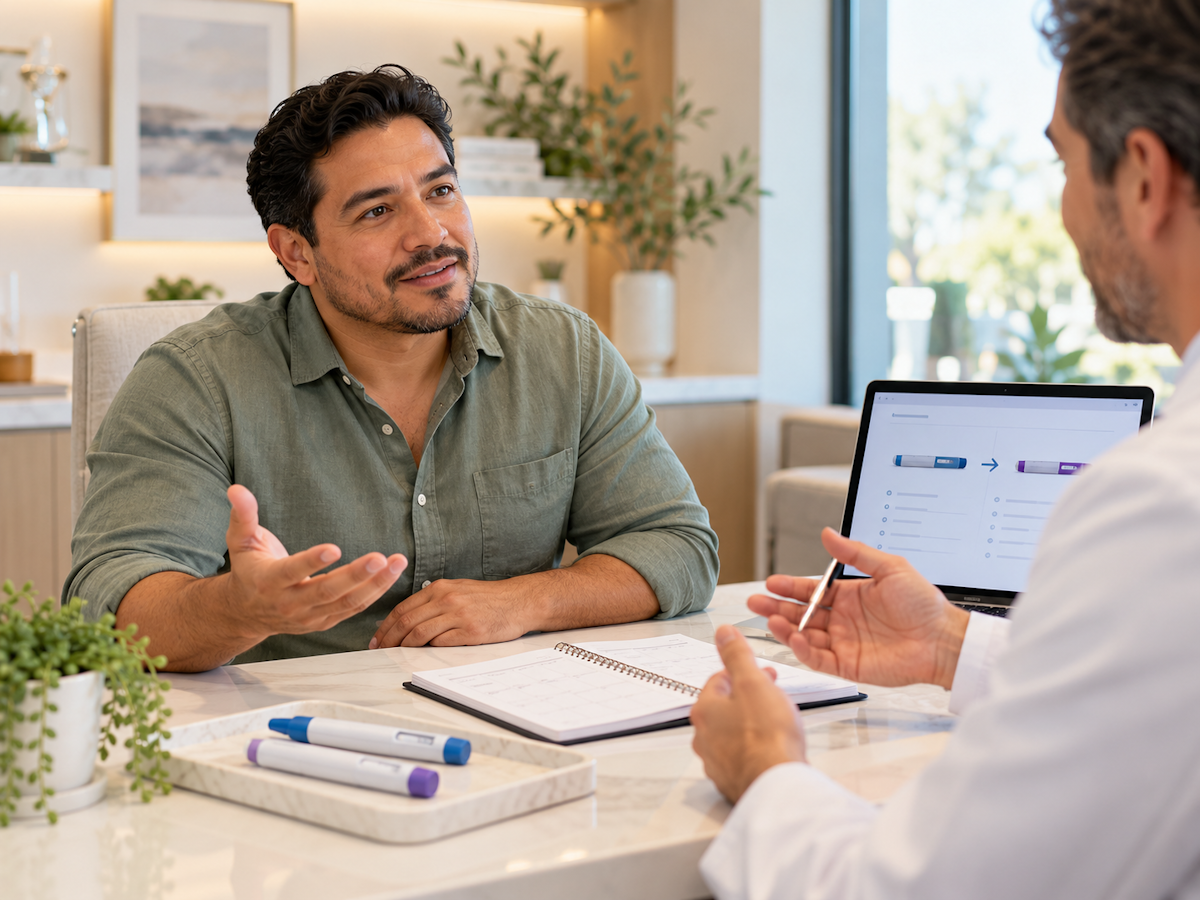 patient discussing switching from semaglutide to tirzepatide with a clinician during a medical weight loss consultation