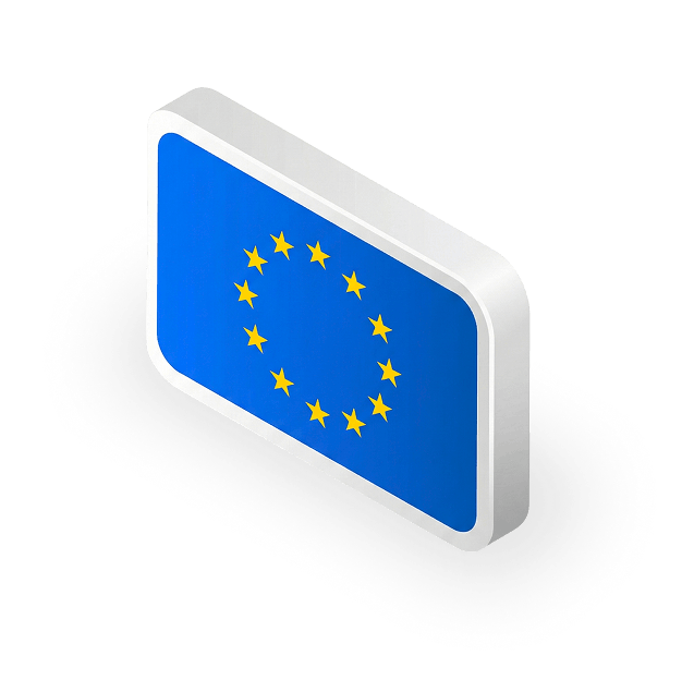 3D rectangular block displaying the European Union flag with a circle of twelve yellow stars on a blue background.