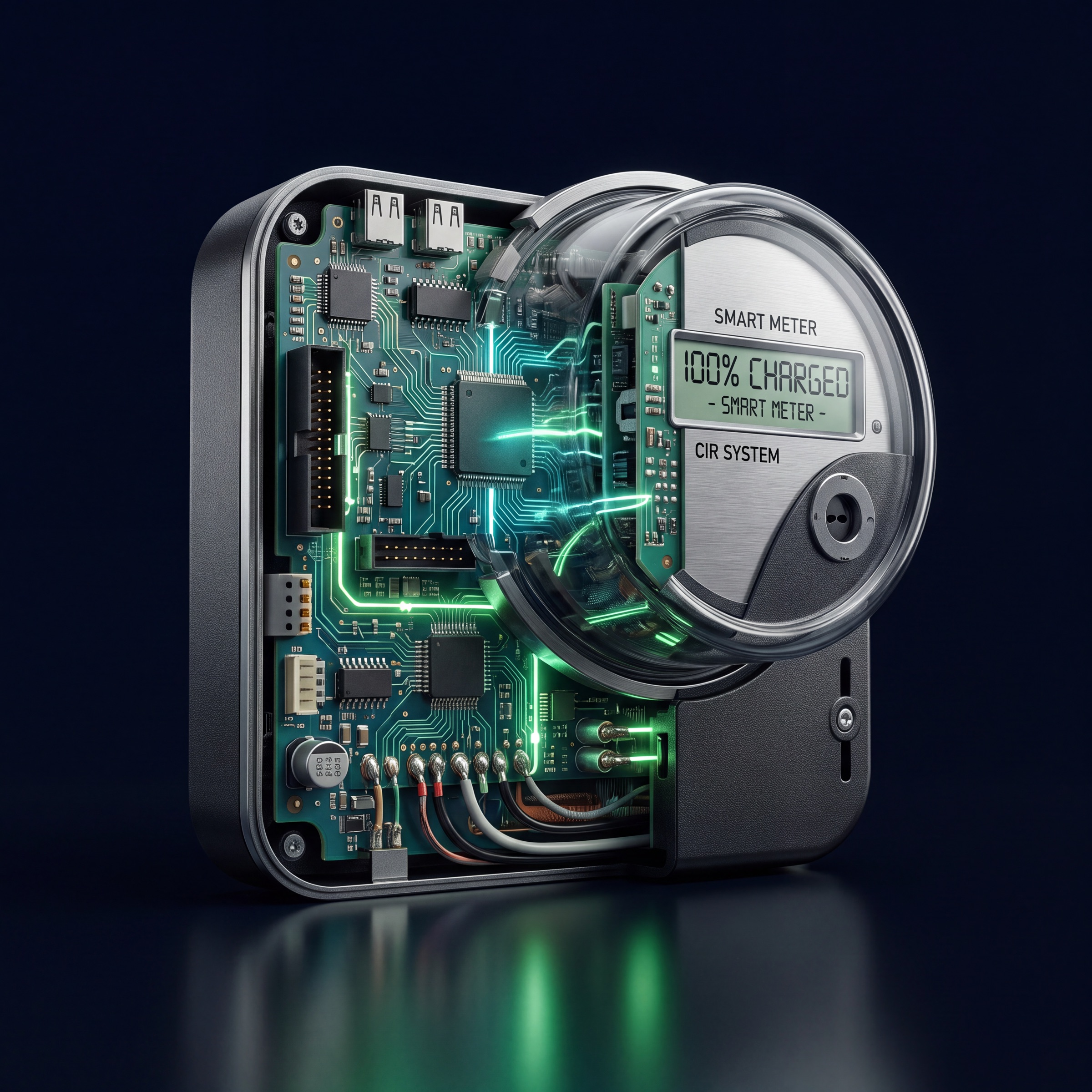Contatore intelligente aperto sulla scheda elettronica, con display acceso