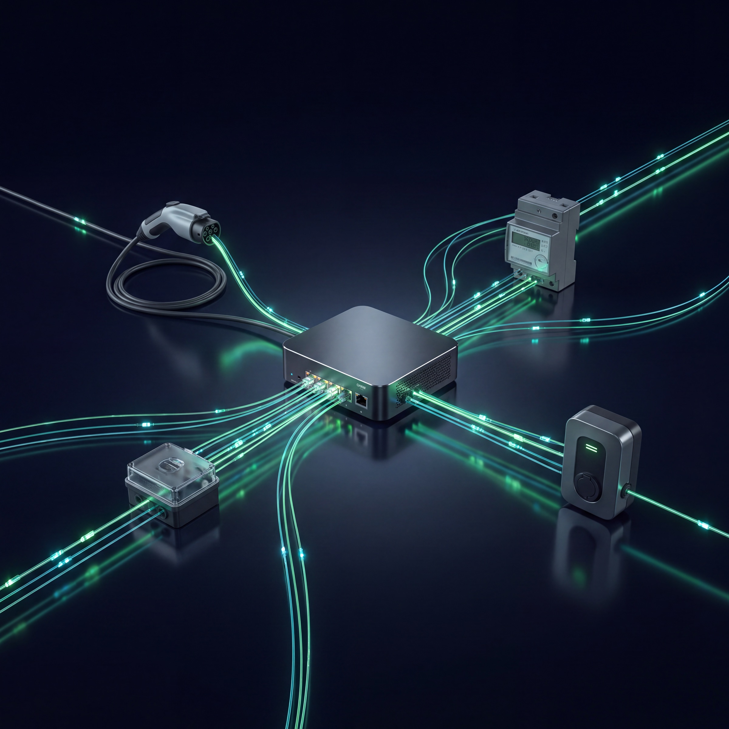 Un nodo centrale collegato a più dispositivi da linee dati luminose