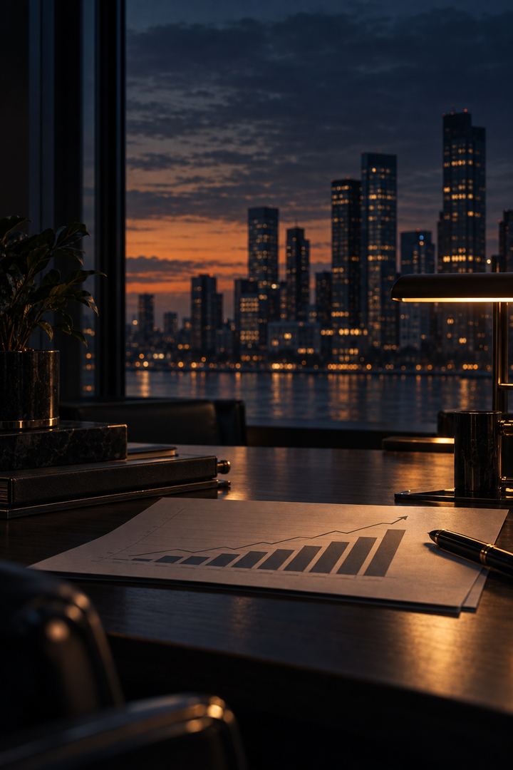 A revenue chart on a desk at dusk, the city lit up through the window behind it