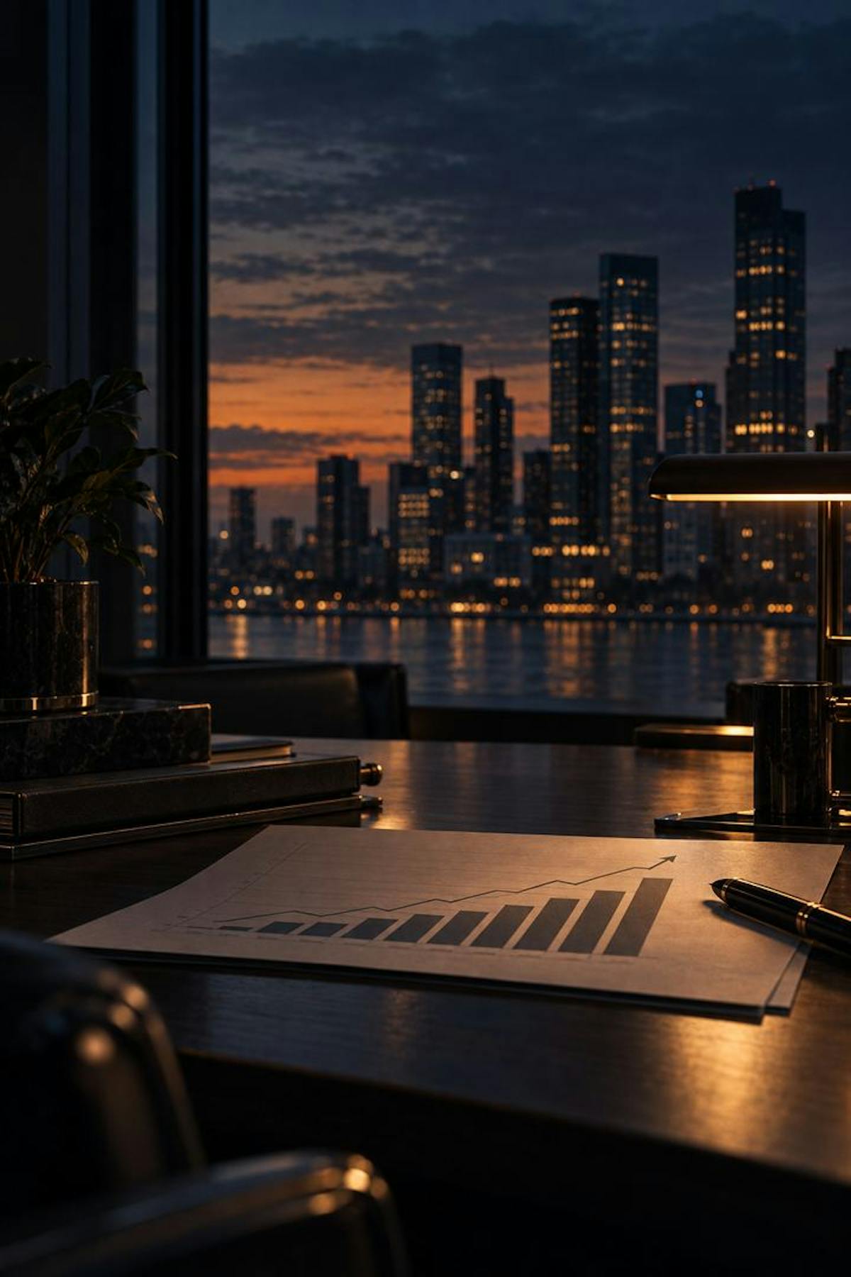 A revenue chart on a desk at dusk, the city lit up through the window behind it
