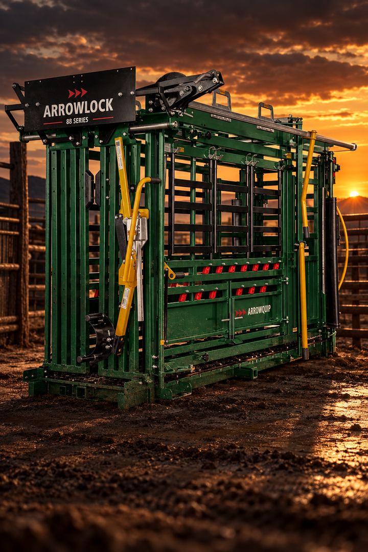 An Arrowquip cattle chute in a yard at sunset
