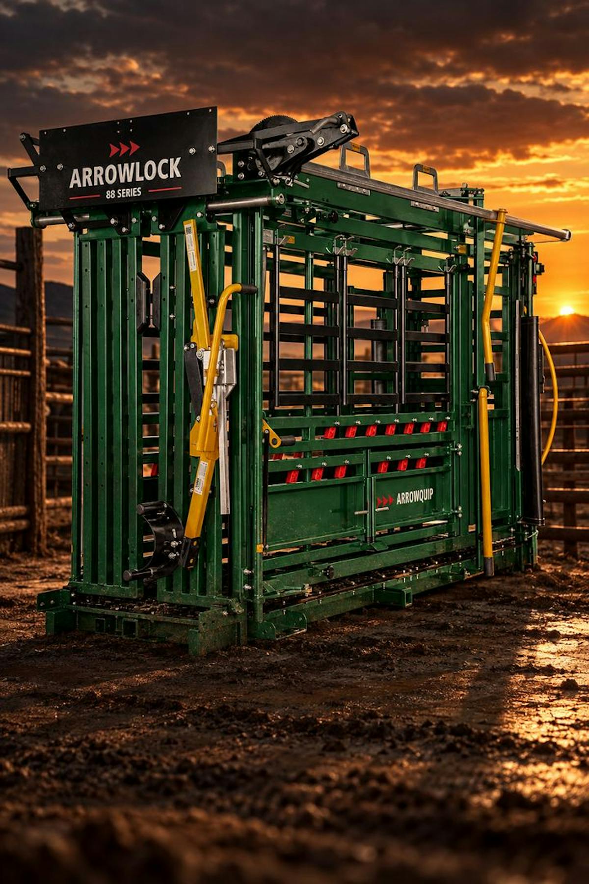 An Arrowquip cattle chute in a yard at sunset