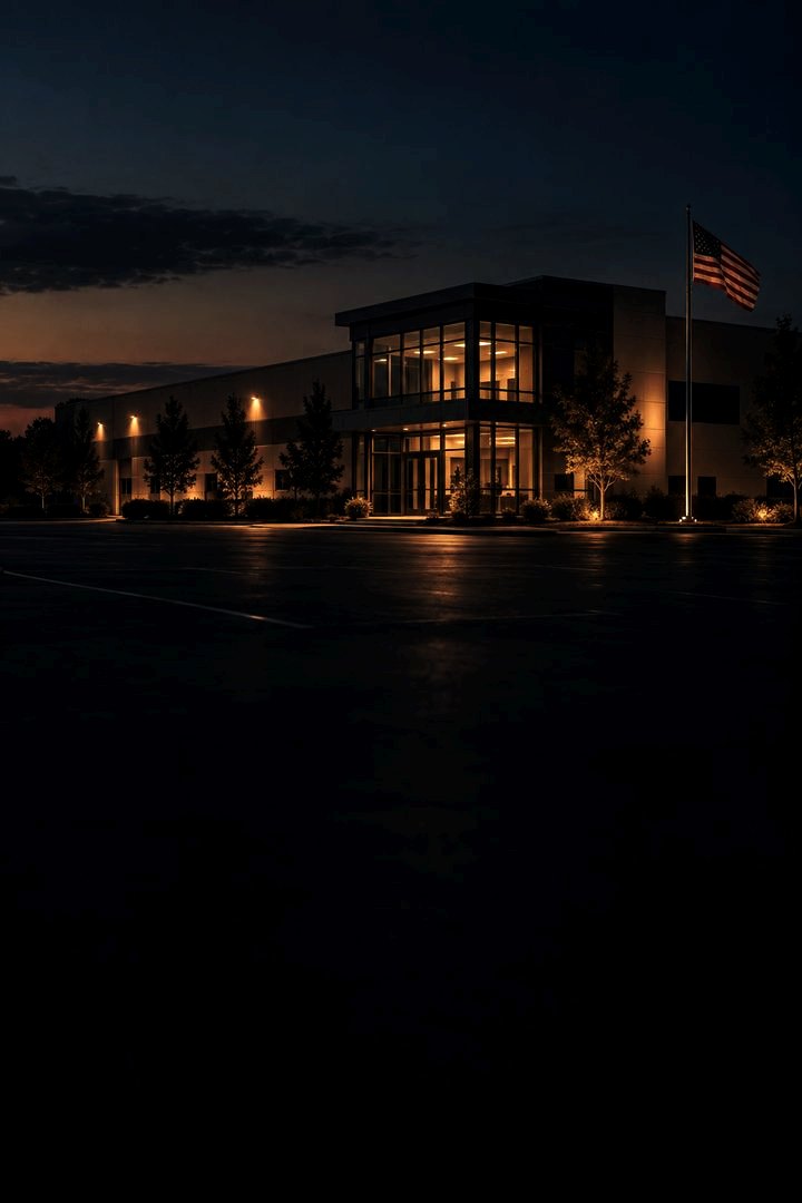 A lit commercial building on an empty lot at dusk, an American flag on the pole