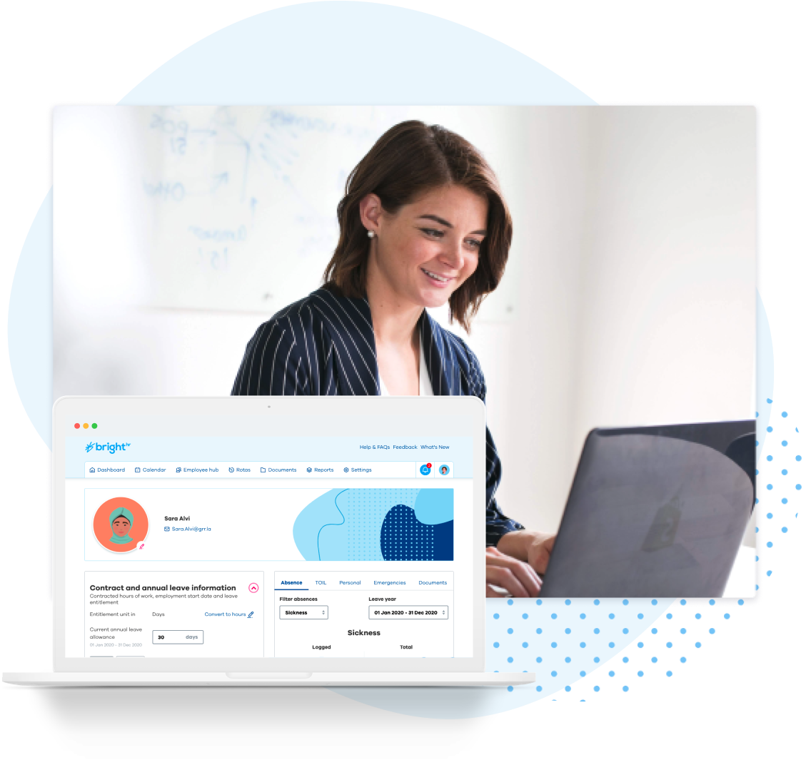 Female office worker looking at BrightHR on laptop