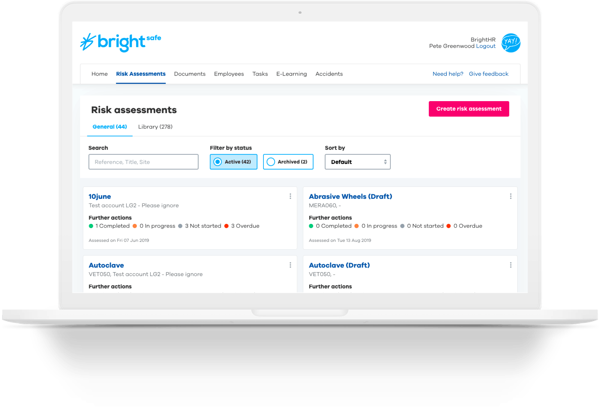 BrightSafe risk assesment on a laptop screen 