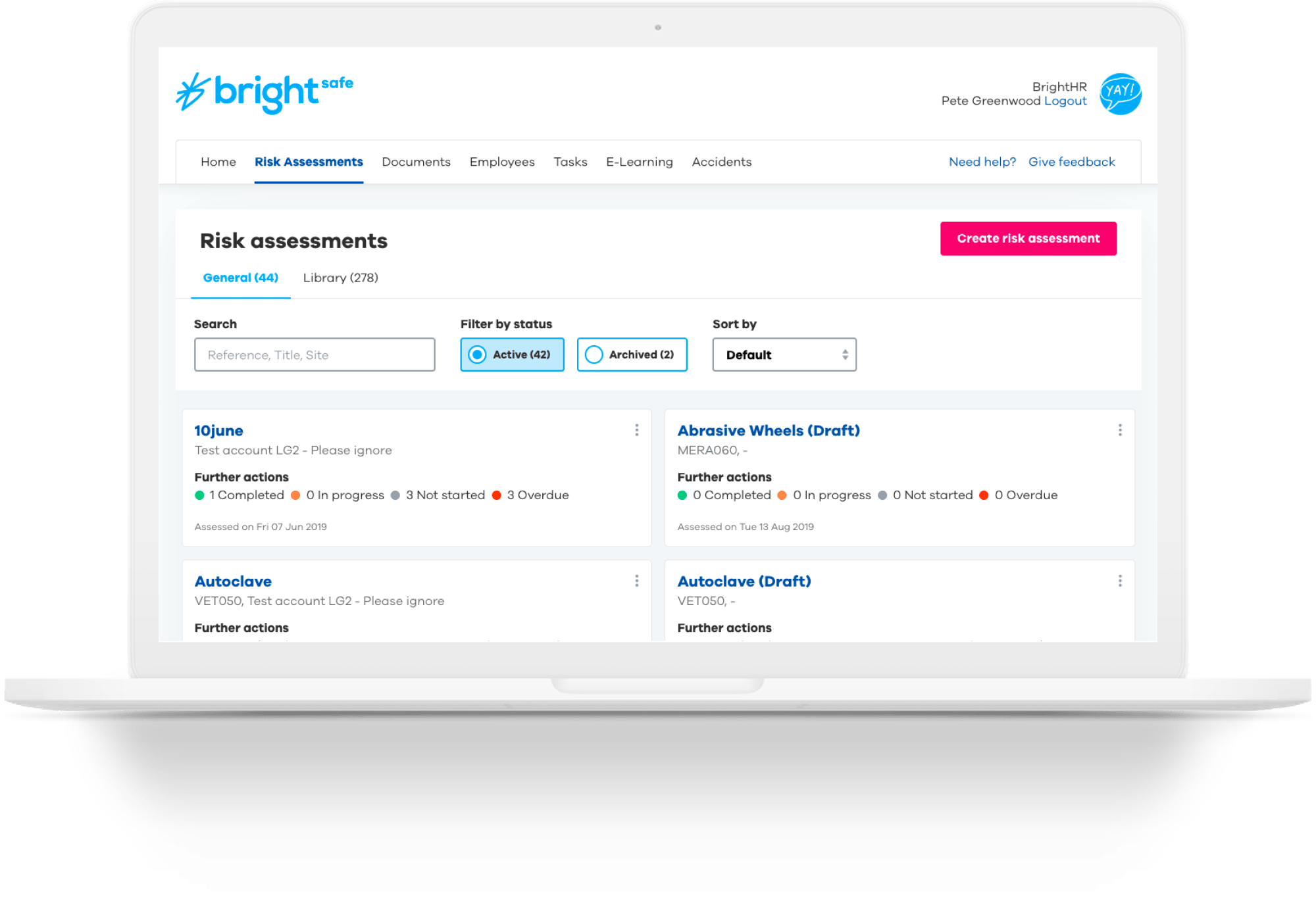 BrightSafe risk assesment on a laptop screen