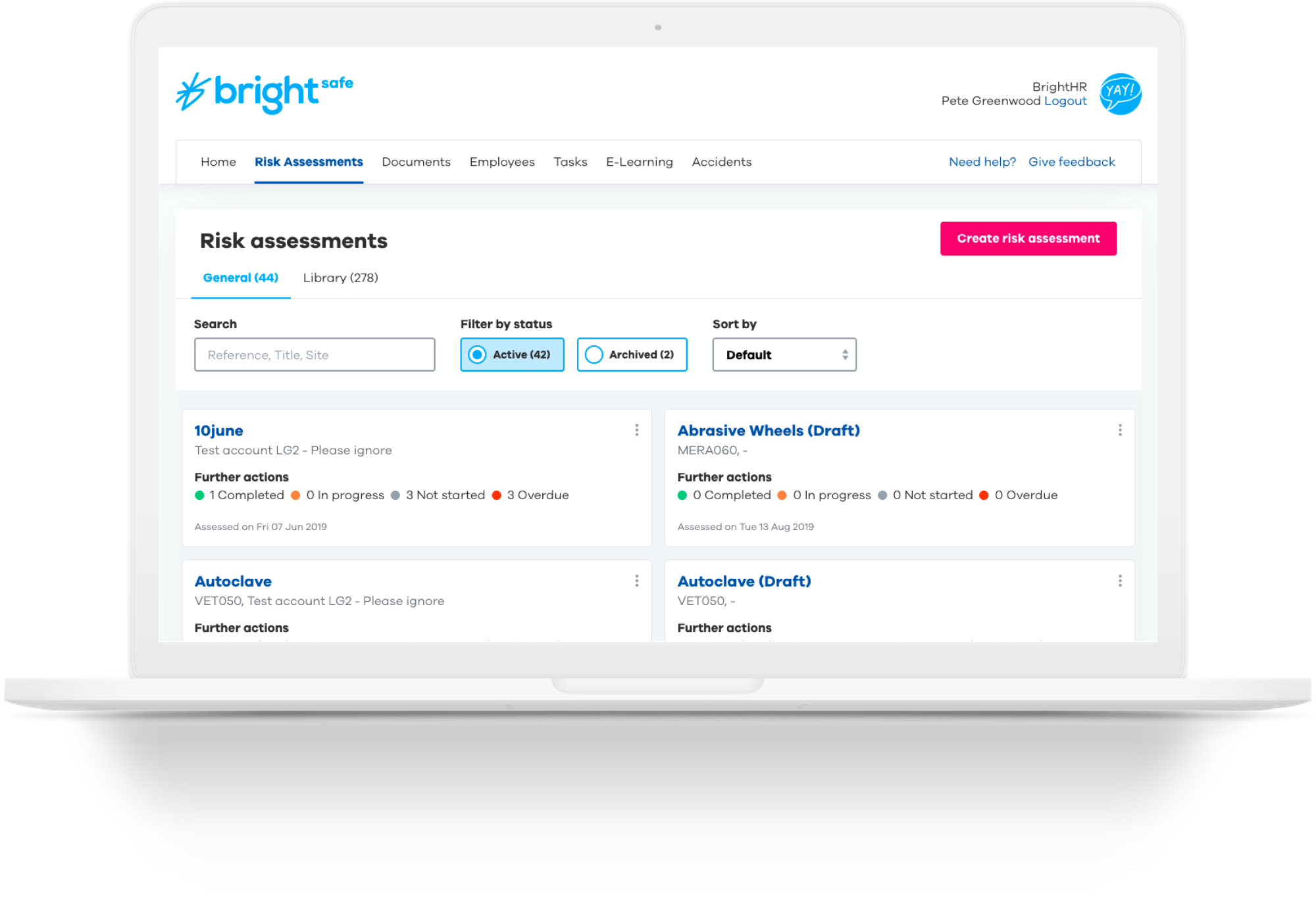 BrightSafe risk assesment on a laptop screen 