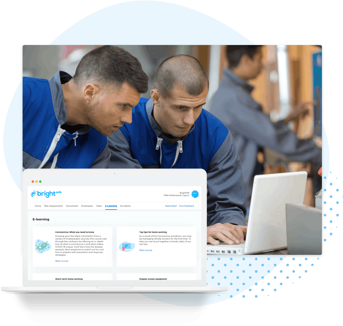 Two male colleagues looking at BrightSafe on a laptop