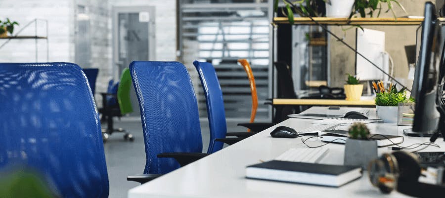 Empty desk chairs at a workplace