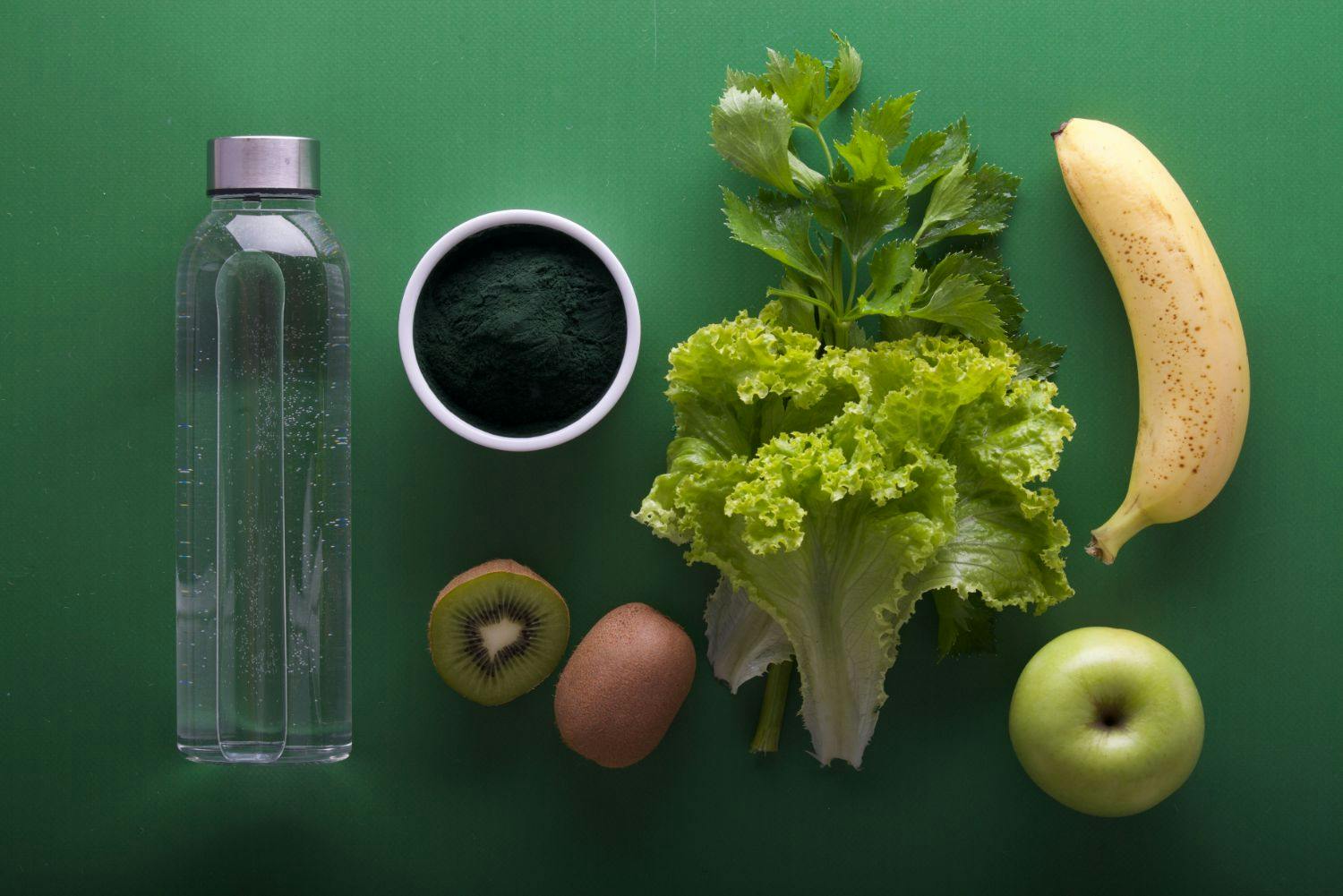 water, fruit, veg and green tea