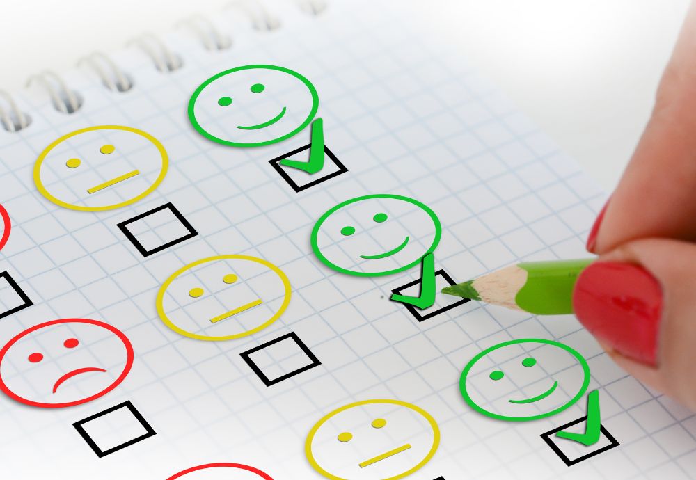 Survey questions consisting of smiley faces with the green faces all ticked