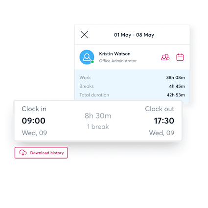 Blip Clock In Times An in-app view of BrightHR's employee clocking in software, showing clock in and out times