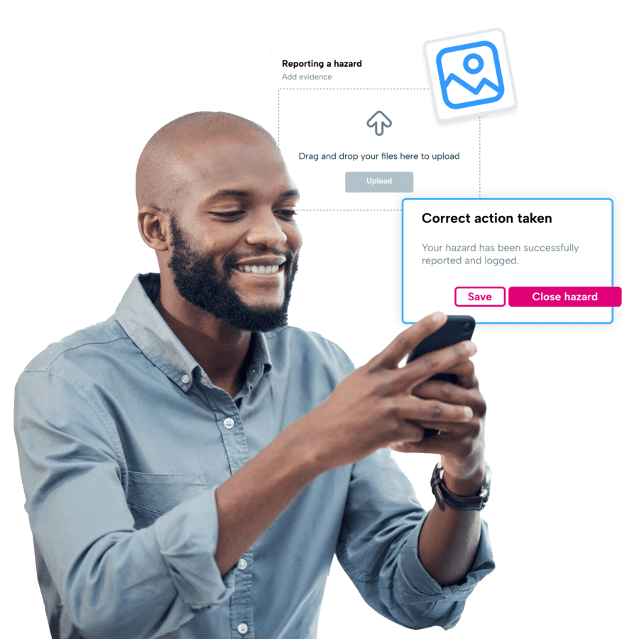 Man holding phone reporting a workplace hazard using BrightSafe