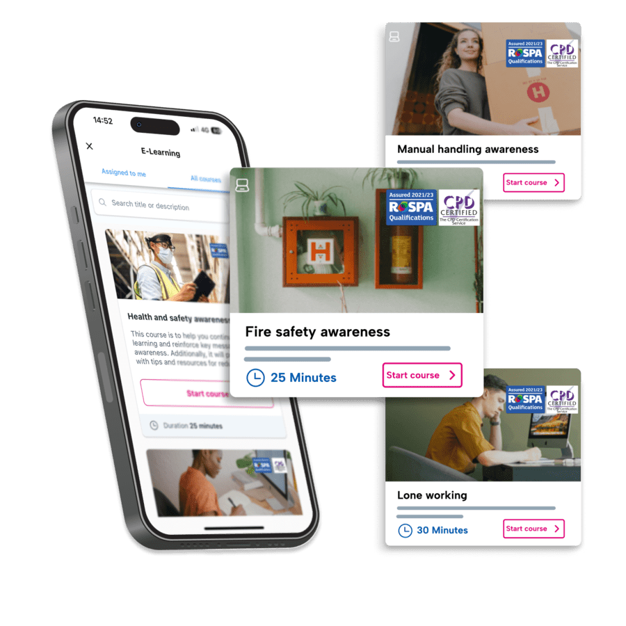 E-Learning app showing fire safety awareness, manual handling awareness, and lone working