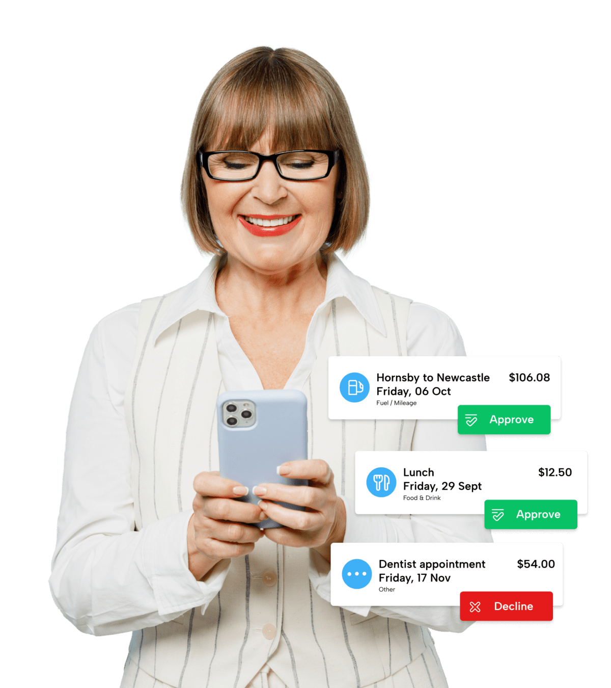 Woman using expense tracker app on phone for business