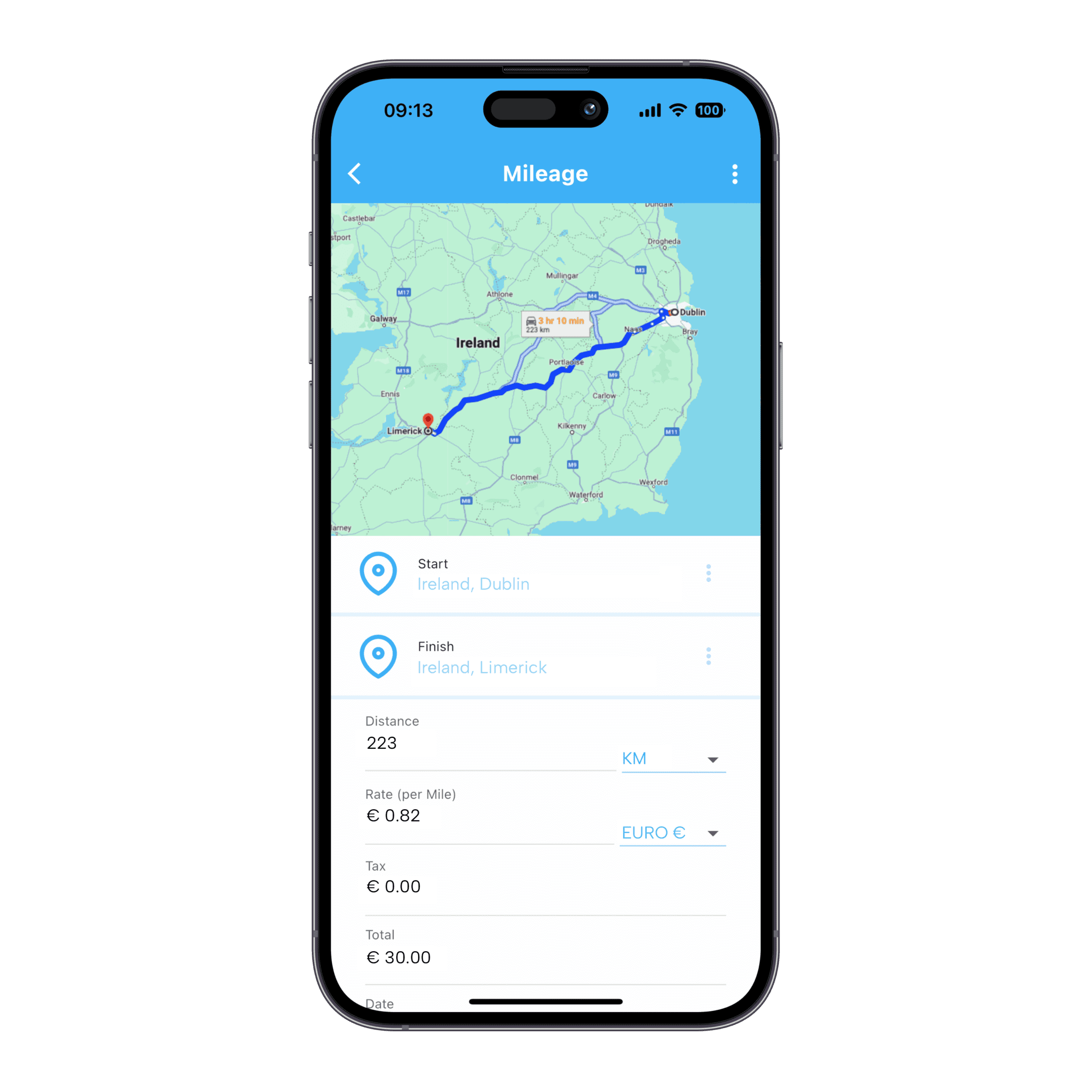 Business mileage tracker app on phone