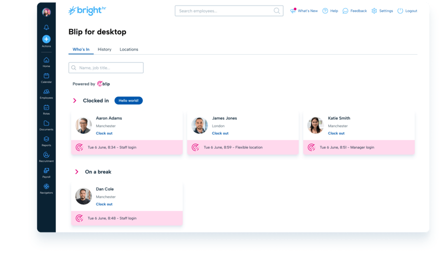 screenshot of BrightHR's time tracking system for desktop