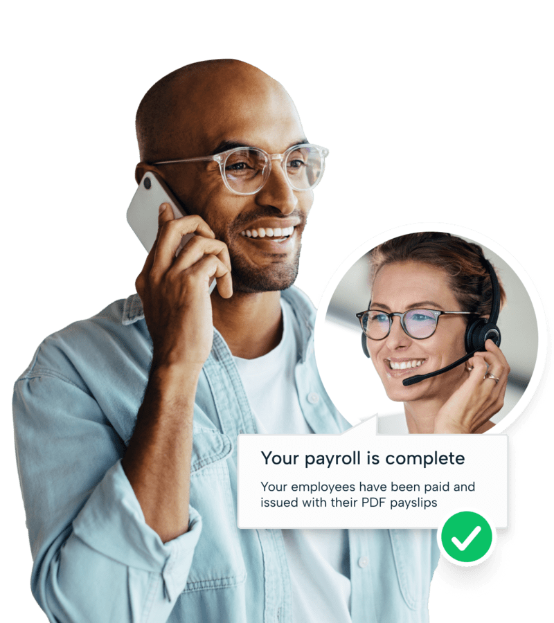 payroll service Male on phone to payroll service