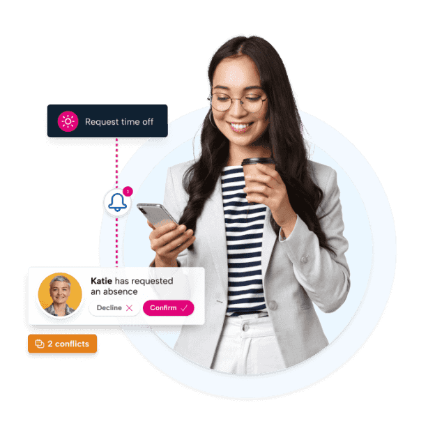 Woman smiling as she request a vacation through the BrightHR app