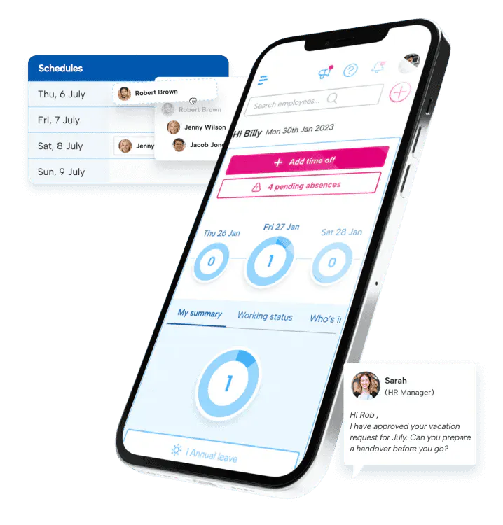 BrightHR's Canadian HR software on a phone screen, highlighting HR software features.