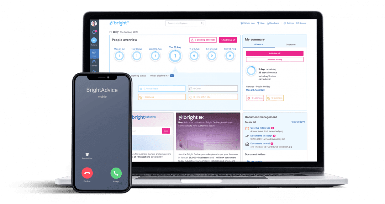 Self-service HR and payroll software BrightHR dashboard on mobile and desktop
