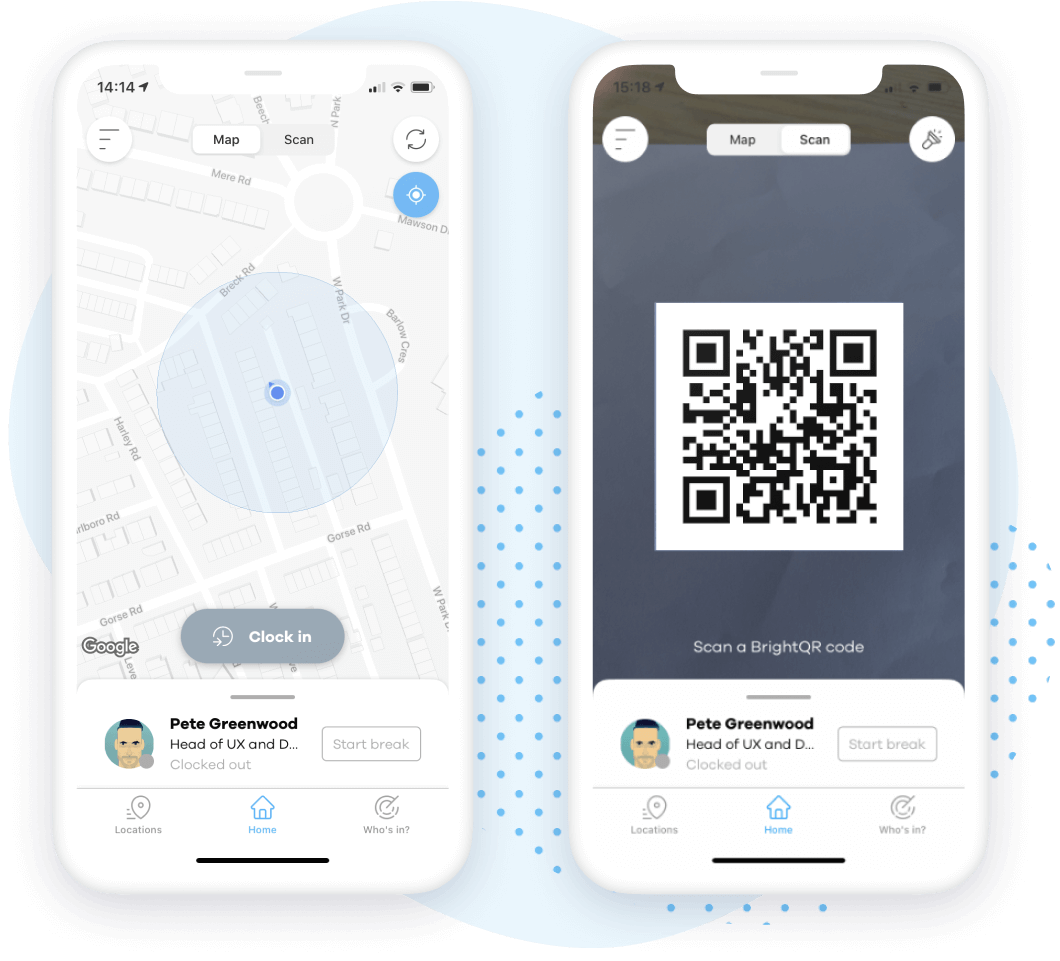 Blip QR code and geolocation screens on mobile phones