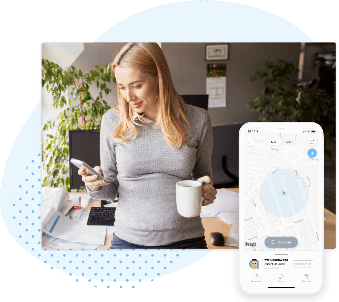 A woman with blonde hair looking at clocking in apps on her phone