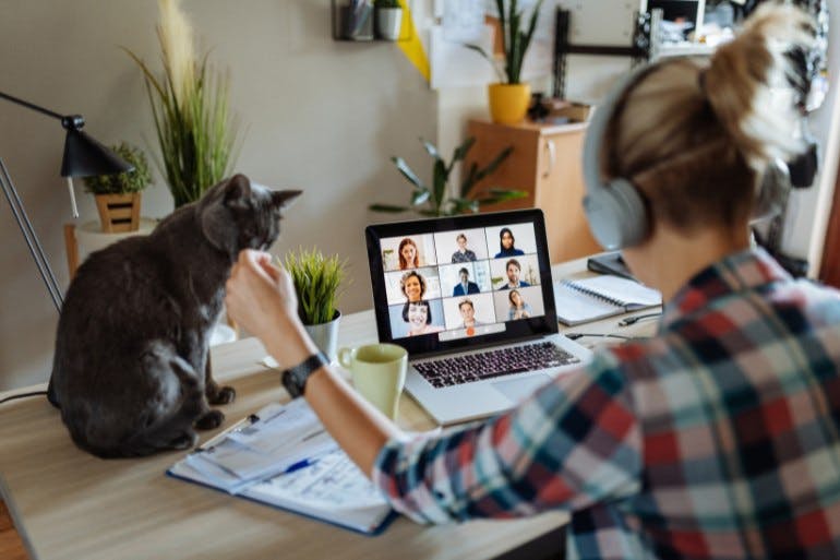 Woman on a laptop with a cat on her desk, participating in remote onboarding.