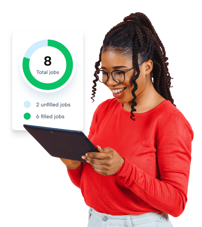 Women holding tablet looking at her recruitment process