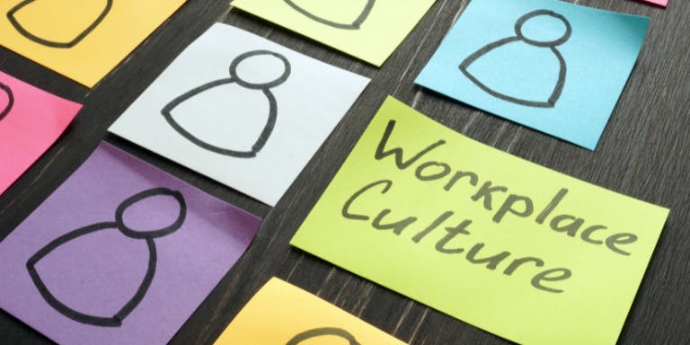 A sticky note saying "Workplace culture" in the middle of others with people on them
