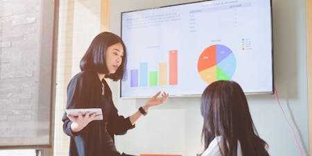 Employee and line manager reviewing performance and setting goals in a performance review meeting