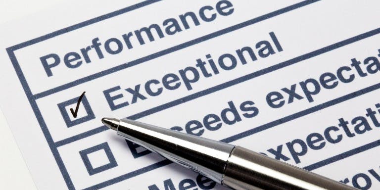 Performance development plan An image of a document rating performance from exceptional to needs improvement