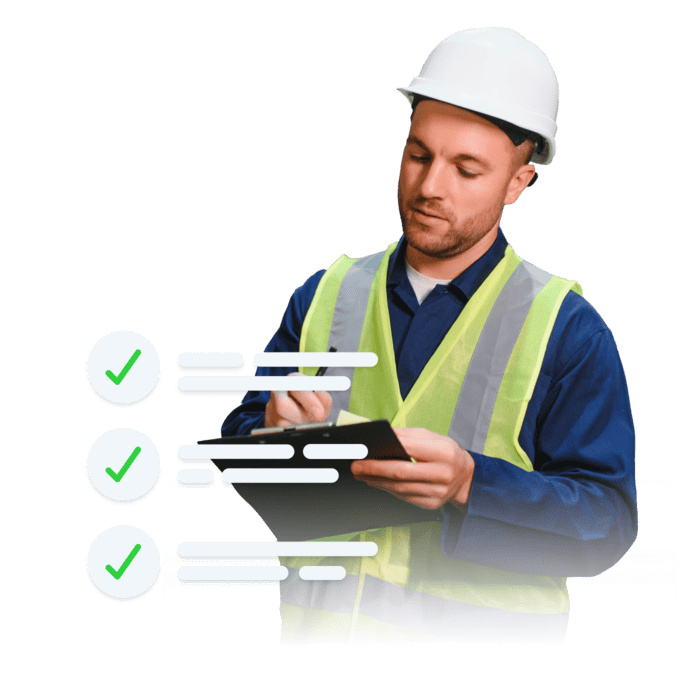 Man in hi-vis and hard hat with clipboard checking a health and safety list.
