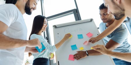 Employee goals and objectives A group of employees collaborates around a whiteboard filled with sticky notes outlining their goals and objectives.