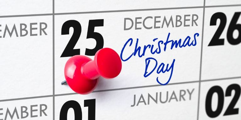Public holidays A calendar showing the date of Christmas day