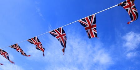UK Bank Holidays British flags hanging for Jubilee celebrations